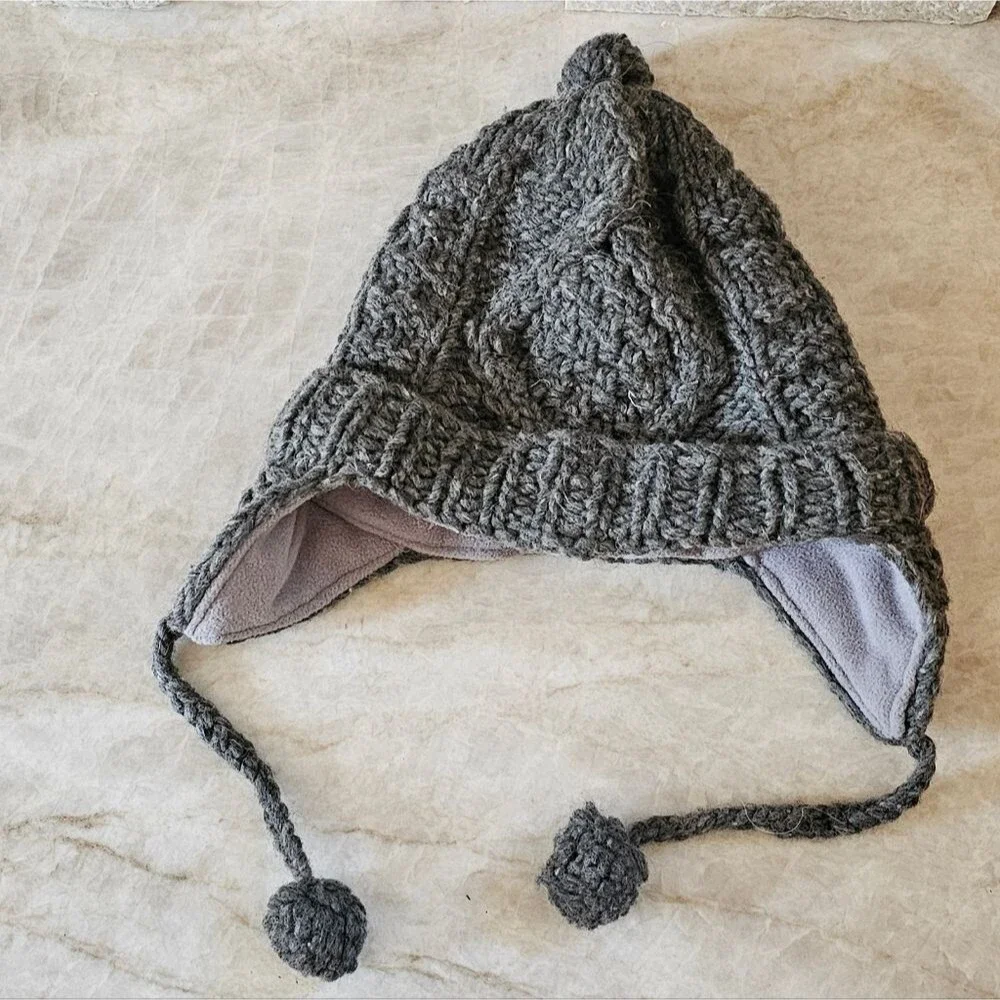 Charcoal Cable Knit Fleece Lined Hat With Earflaps